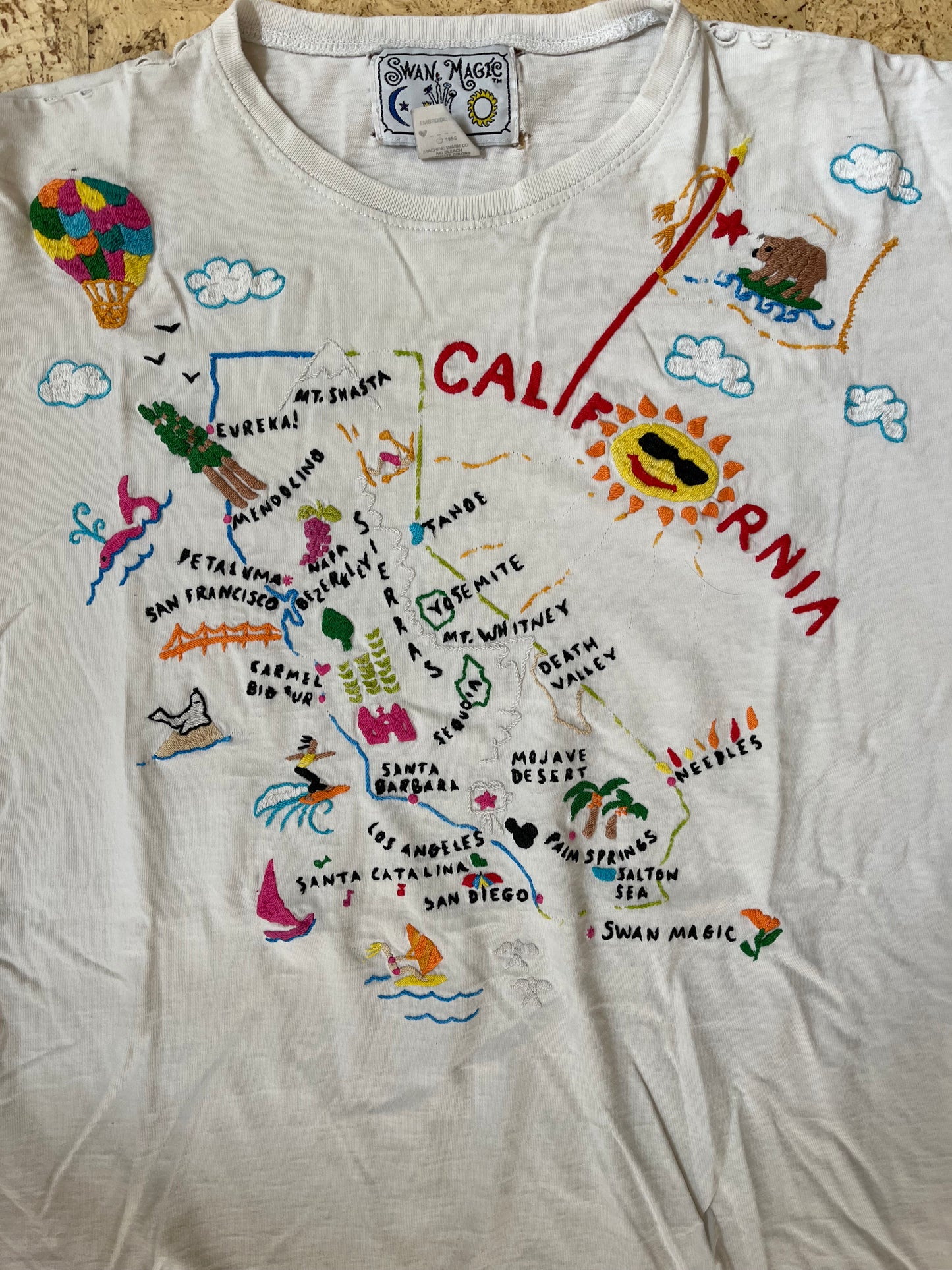 1995 Swan Magic Hand Embroidered California T-Shirt Thrashed