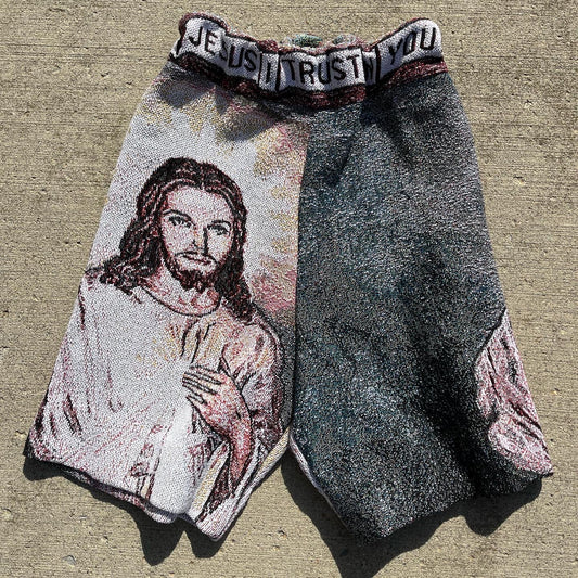 Upcycled Jesus Tapestry Boxing Shorts