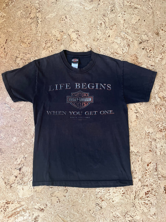 2000s Harley Life Begins Distressed T-Shirt