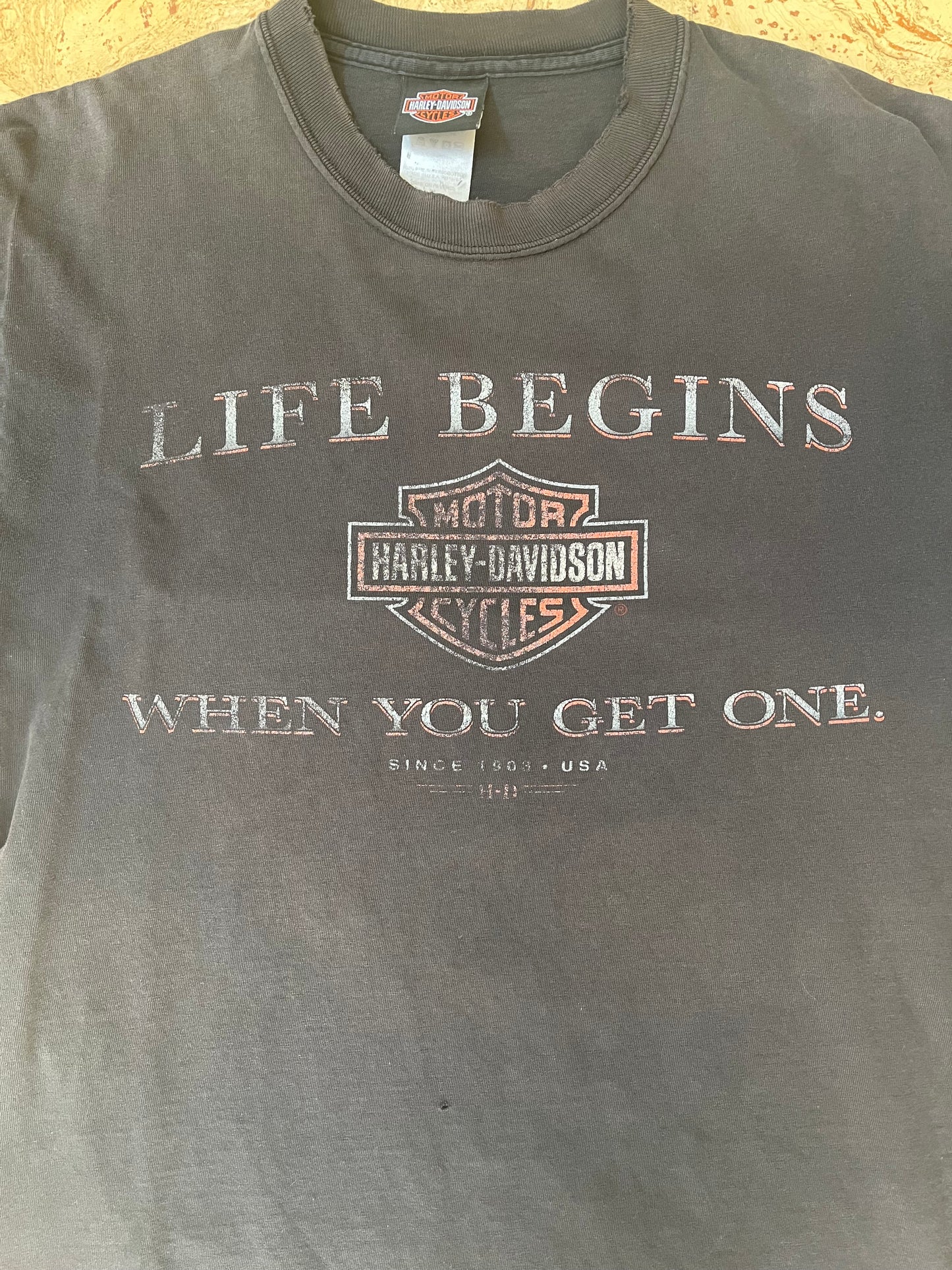 2000s Harley Life Begins Distressed T-Shirt